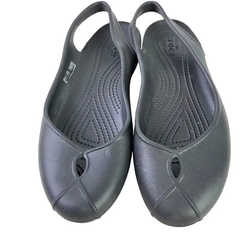 Crocs Olivia Womens Solid Black Slingback Flats Round Closed Toe Shoes sz 7